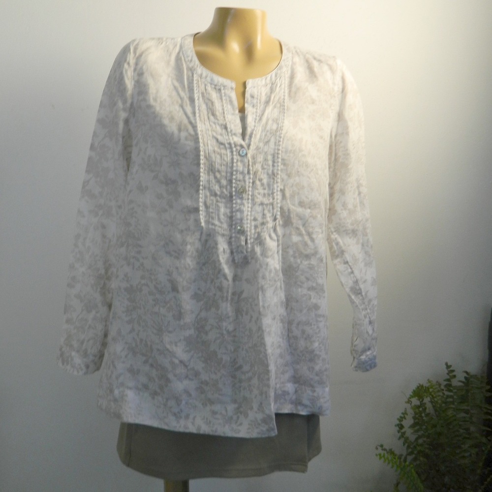 J. Jill Linen Tunic Blouse Womens L White Floral Pleated Pom Trim Long Sleeve